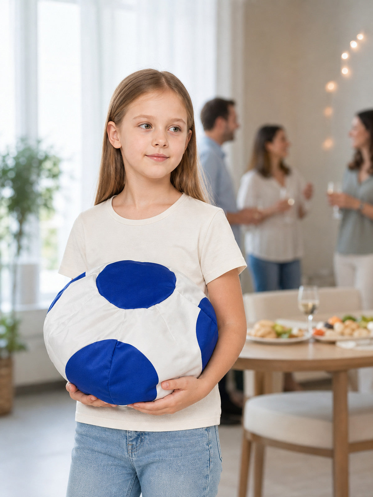 Round Blue and White Pillow with a Soccer Design