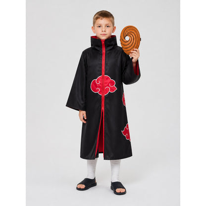 Black Akatsuki cloak with red-lined high zip collar shown on a child model holding the orange spiral mask