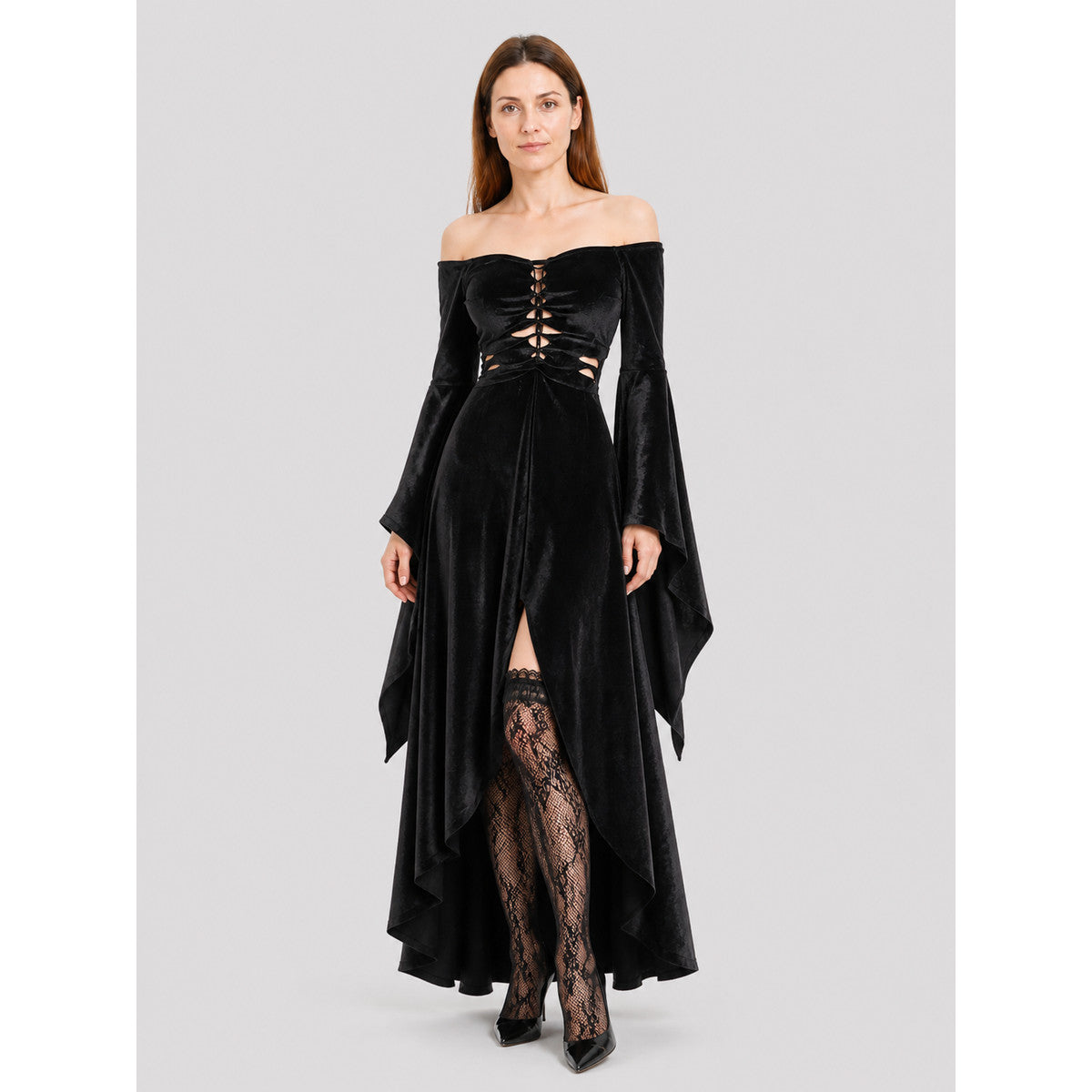 Black Gothic Dress: Off-the-Shoulder Design and Uneven Hem lifestyle