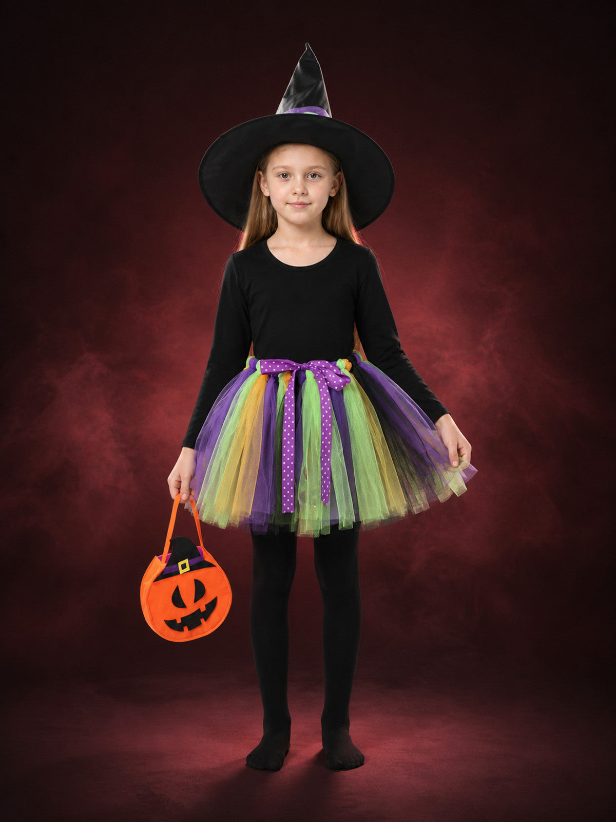 Kids' Halloween Witch Costume Set with Long-Sleeve Top, Tutu Skirt, Hat and main product view