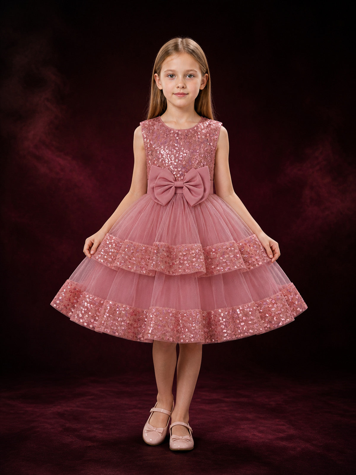 Toddler Girls' Sequined Princess Dress with Layered Tulle Skirt and Bow main product view