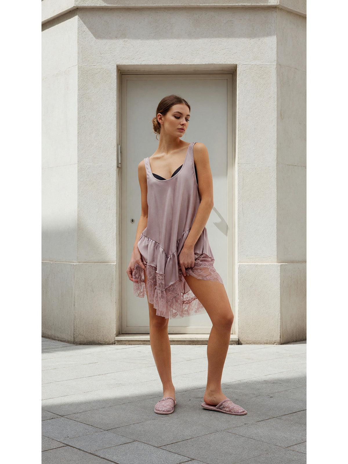 Mini Dress with Thin Straps and Lace Insert