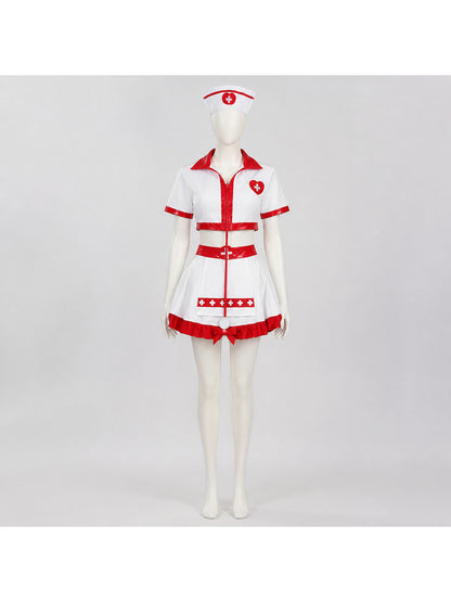 Nurse Costume with Short Top, Pleated Skirt, and Cap
