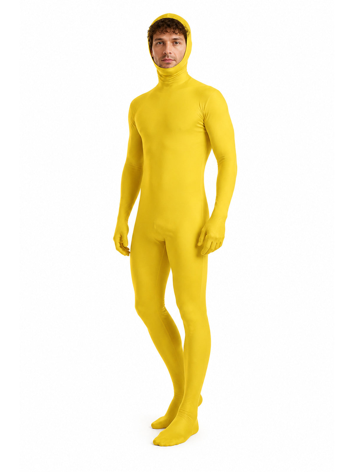 Yellow zentai jumpsuit with hood and gloves