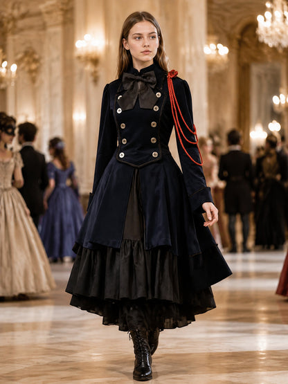 Gothic cosplay dress with bow and ruffle lifestyle view