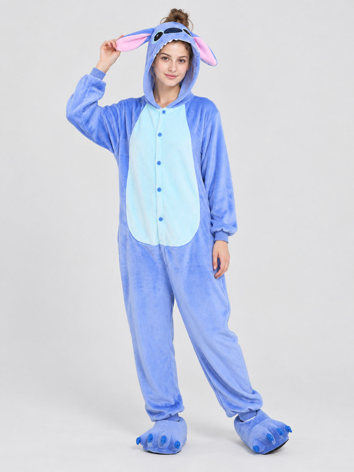Blue Hooded Pajama Jumpsuit with Appliqué