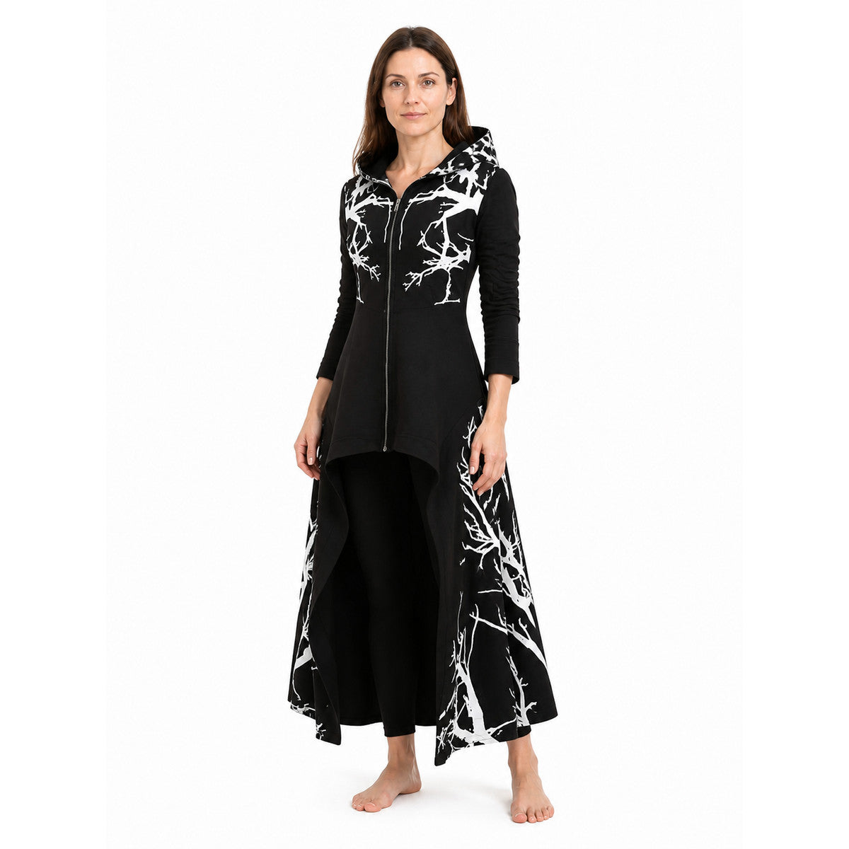 Long Hooded Cloak with White Branch Print Costume Capes detail