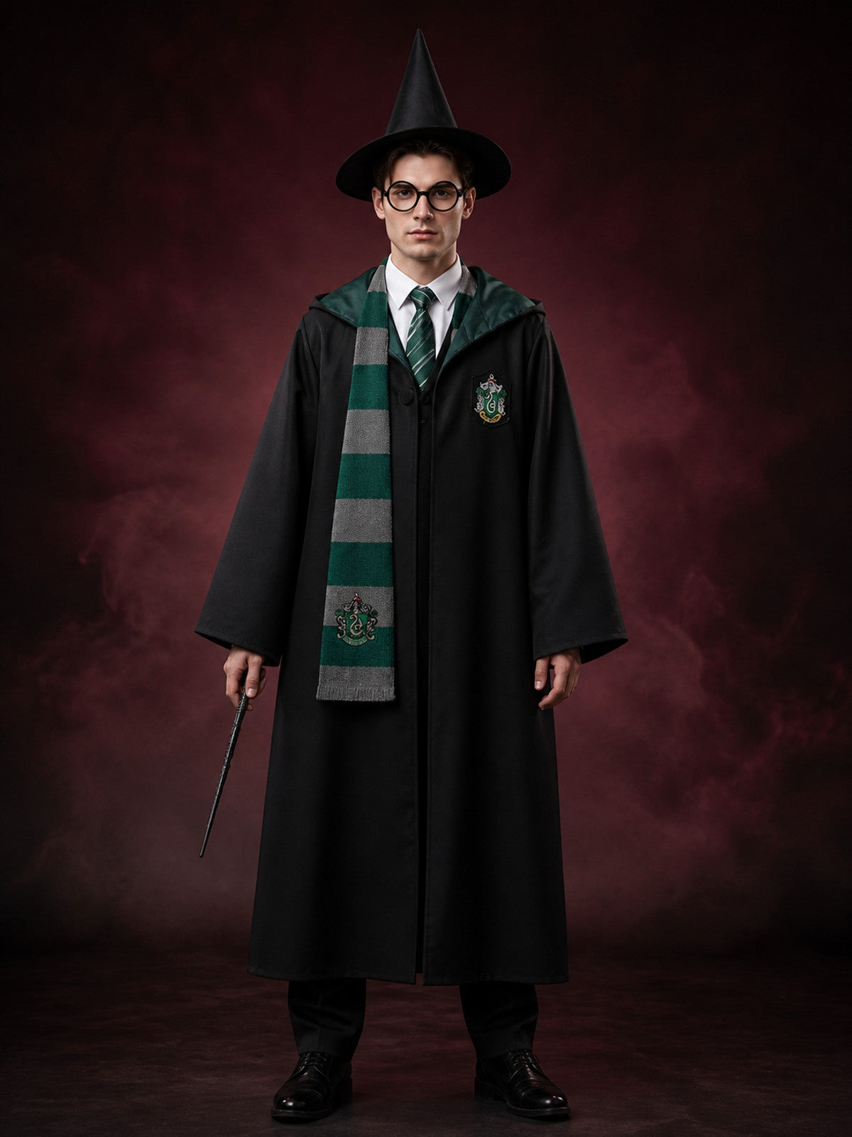 Kids Wizard Costume Set - Hooded Robe with House Crest, Scarf, Tie, Glasses