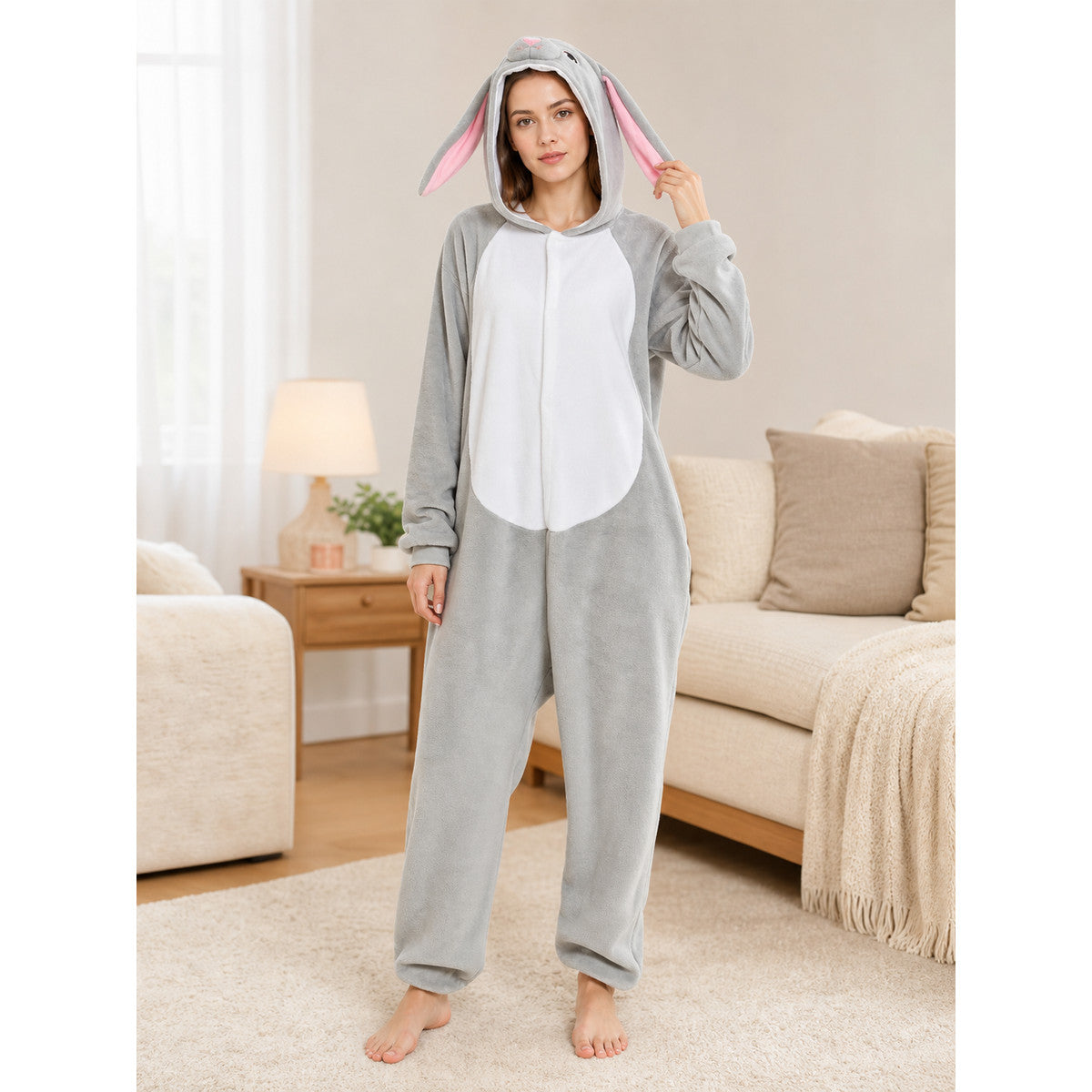Gray bunny kigurumi with hood for sleep and costume use lifestyle