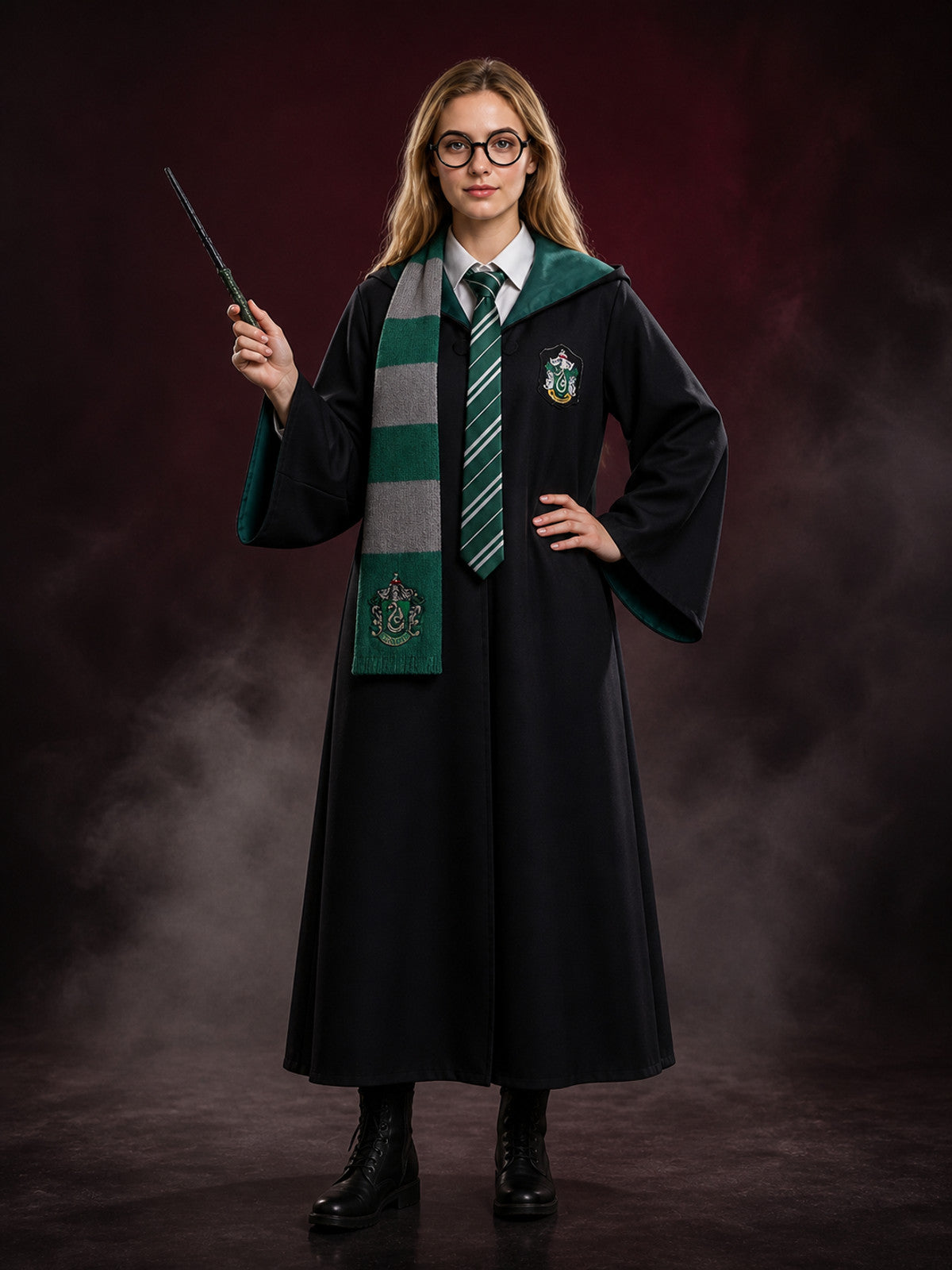 Slytherin Wizard Robe Costume Set for Halloween with Scarf, Tie, Glasses & Wand