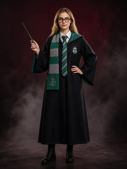 Slytherin Wizard Robe Costume Set for Halloween with Scarf, Tie, Glasses & Wand