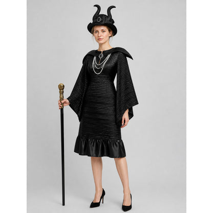Black dark witch costume with horned hat, layered pearl necklace and staff, front view