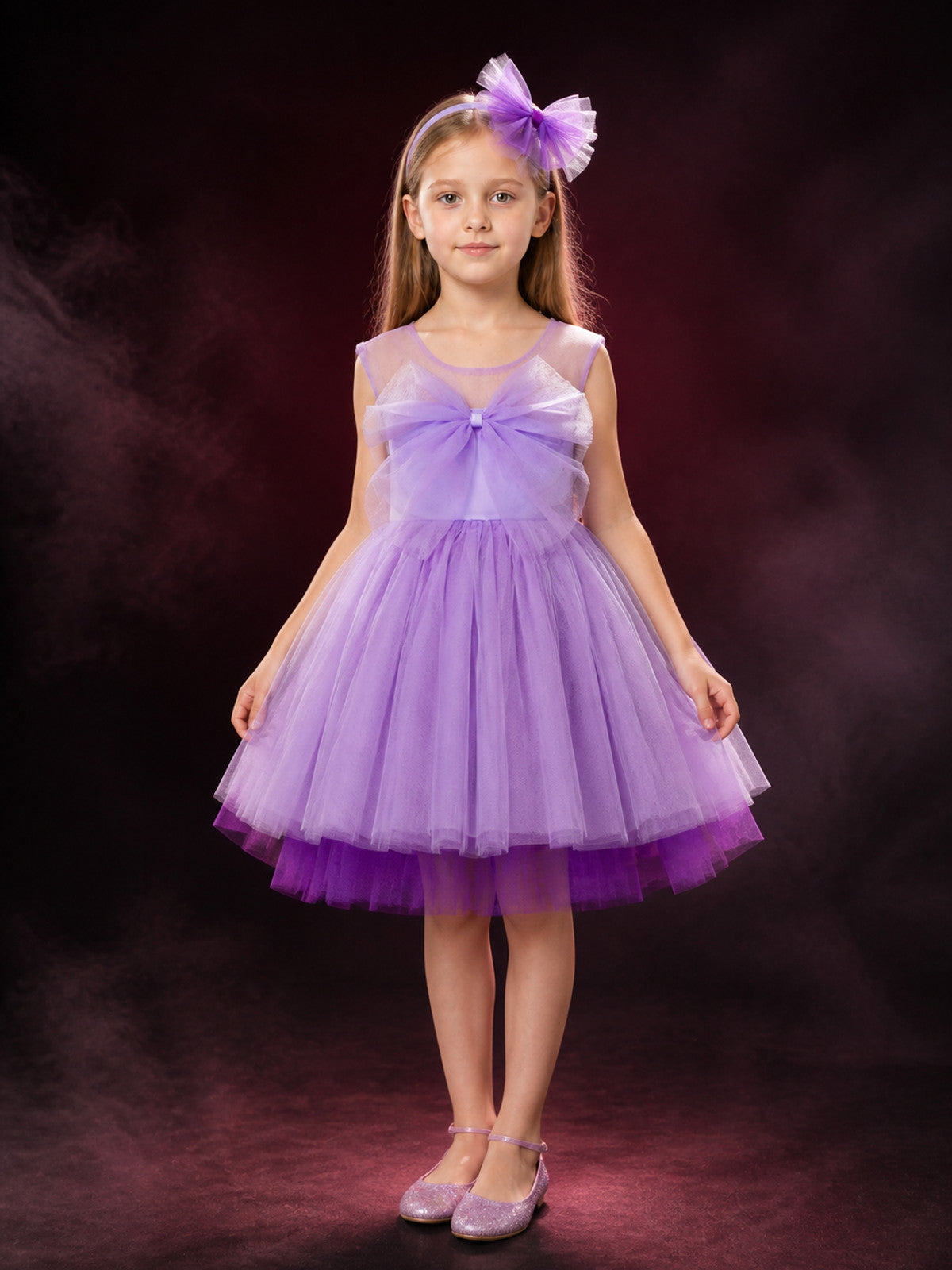 Baby Girls' Purple Princess Dress Set With Bow Headband, Layered Tulle main product view