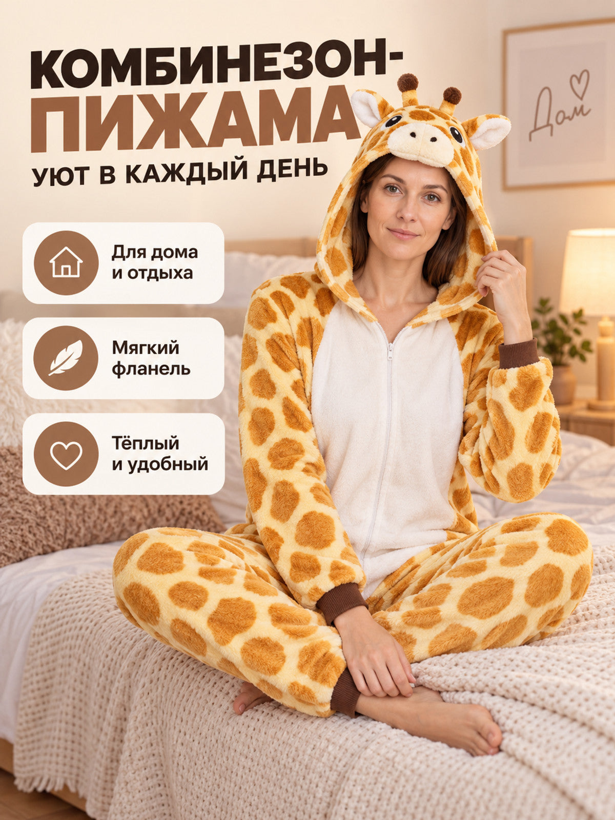 Yellow Flannel Pajama Jumpsuit with Giraffe Hood