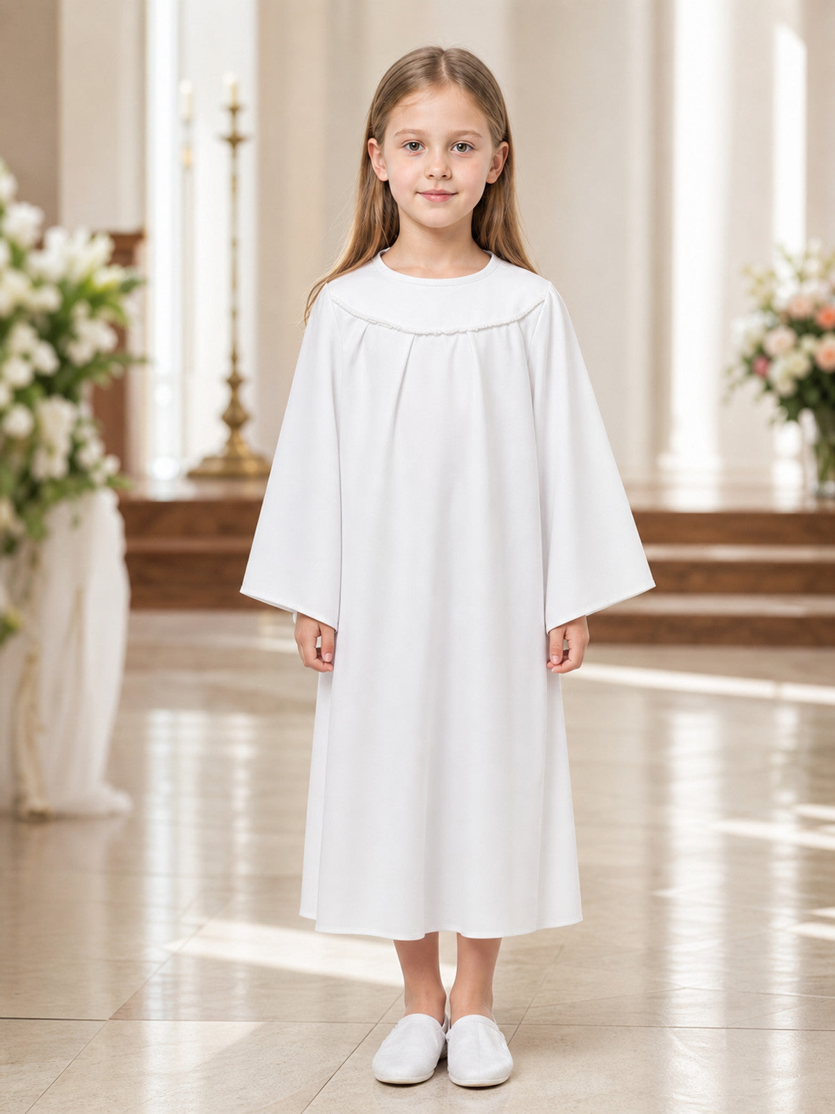 White angel costume robe shown full-body on a child in a decorated interior with white slippers