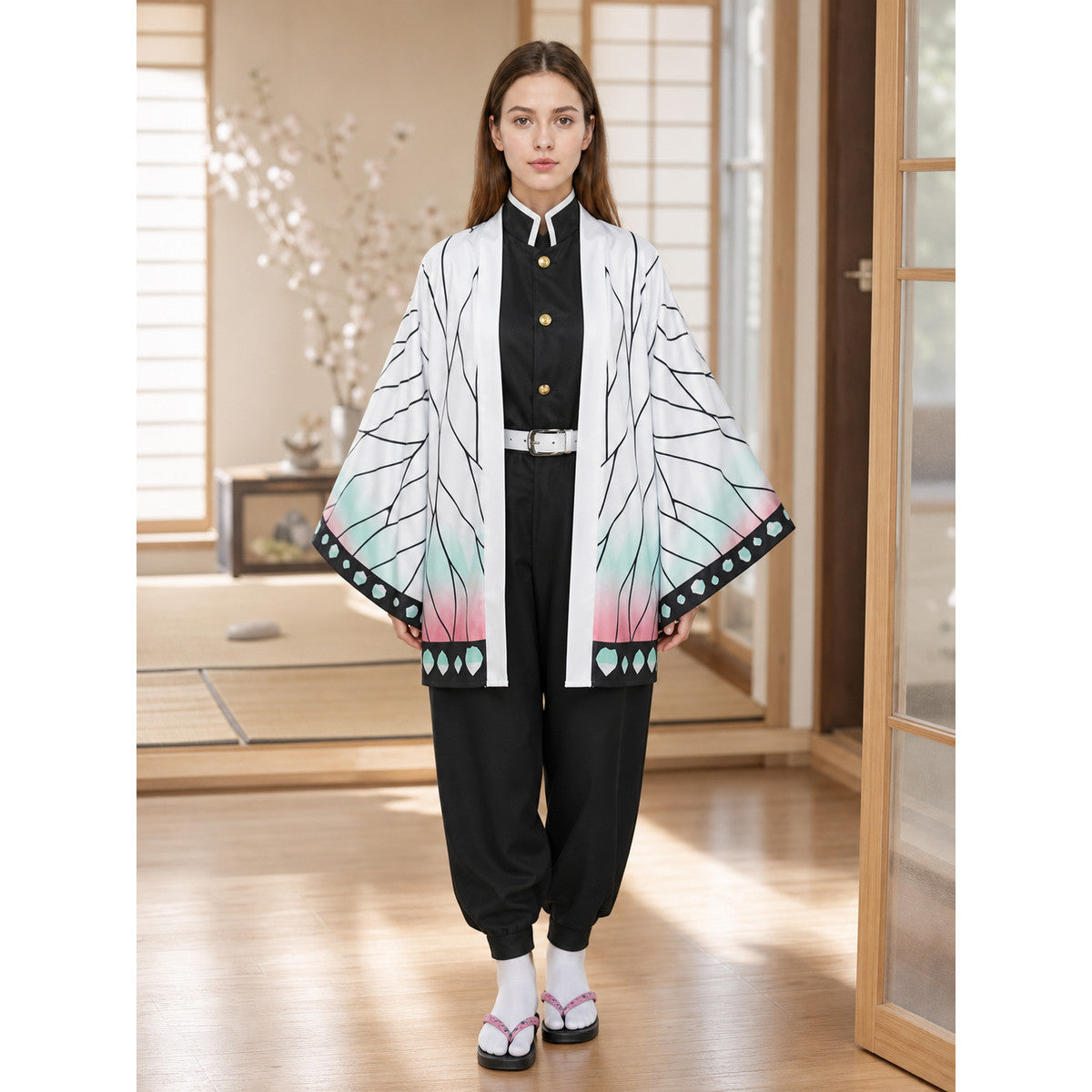 Anime-style cosplay costume with cloak and accessories lifestyle view
