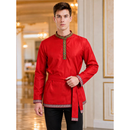 Embroidered Tunic with Stand Collar and Belt