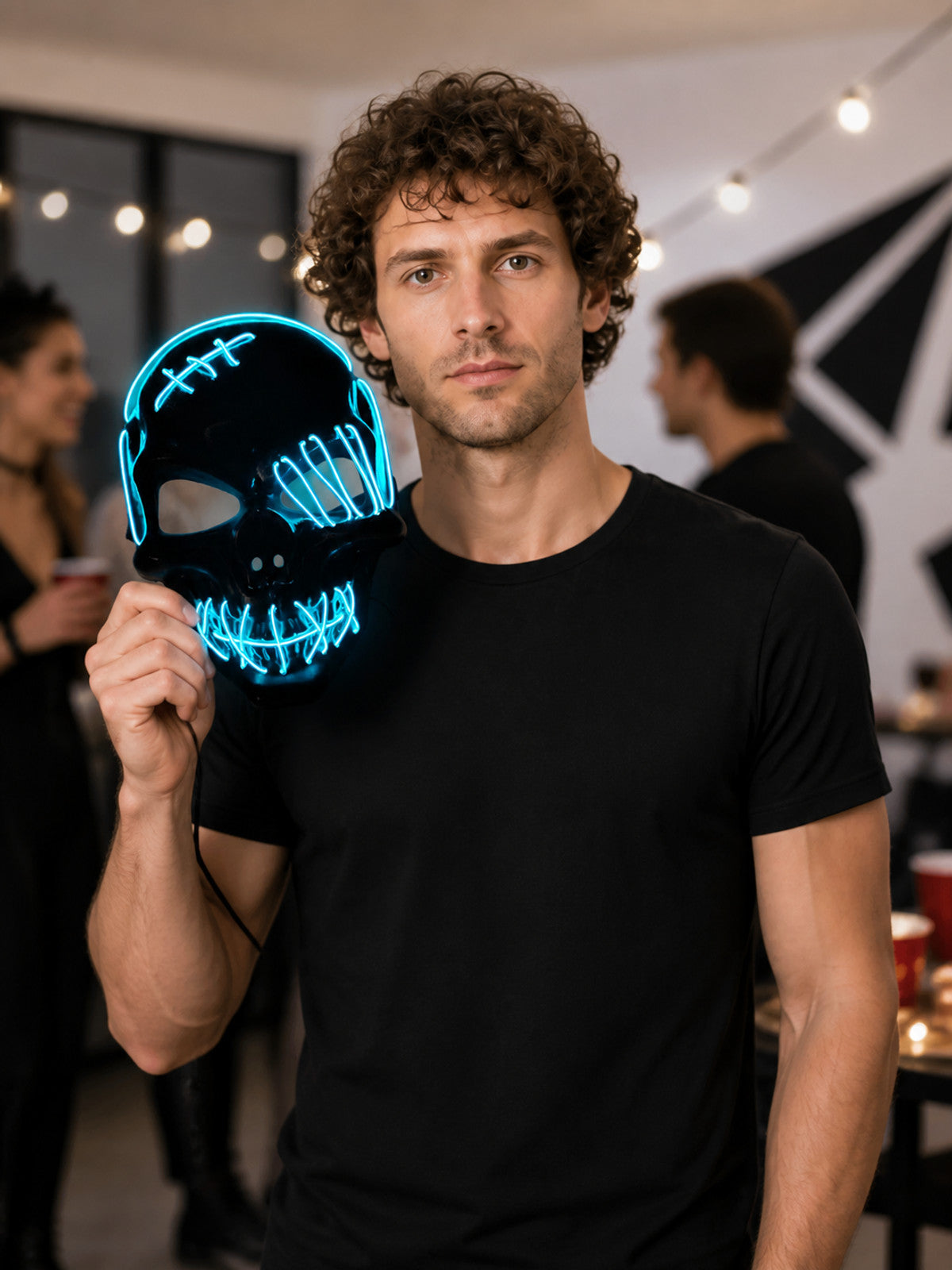 Black Light-Up Carnival Mask with Skull Design