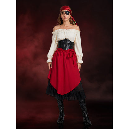 Women's Pirate Halloween Costume Set With Off-Shoulder Top And Asymmetric Red main product view