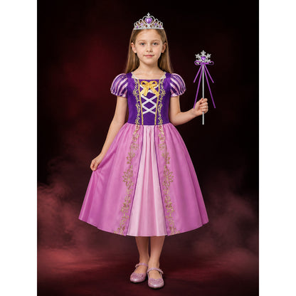 Kids Princess Costume Dress Set with Crown and Magic Wand, Pink Purple Gown main product view