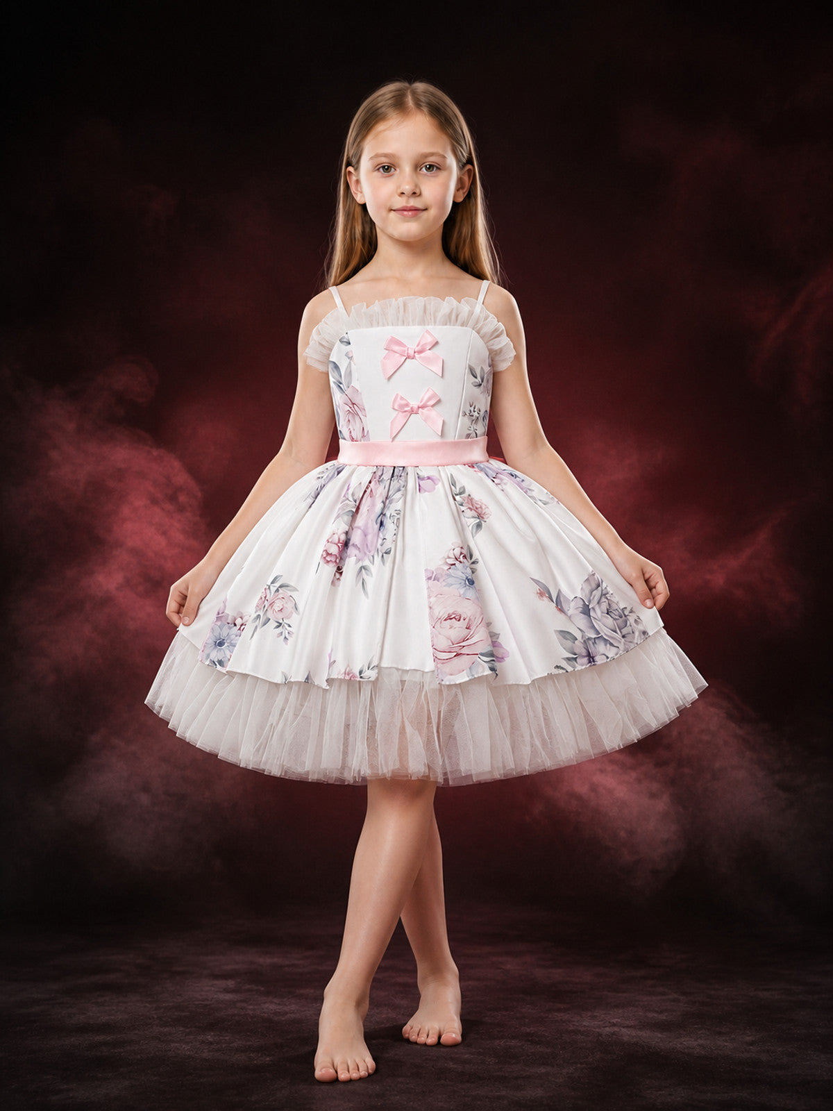 Toddler Girls' Princess Party Dress with Tulle Skirt, Floral Print and Bow main product view