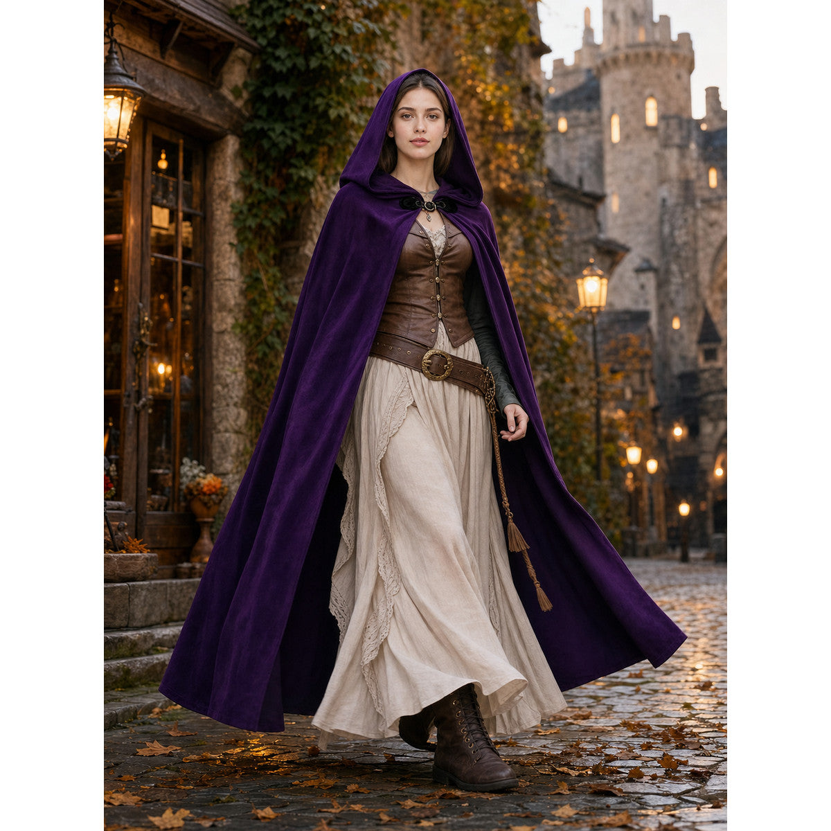 Purple velvet hooded cloak shown full-body on a model in a medieval-style street, worn over a brown bodice and cream skirt