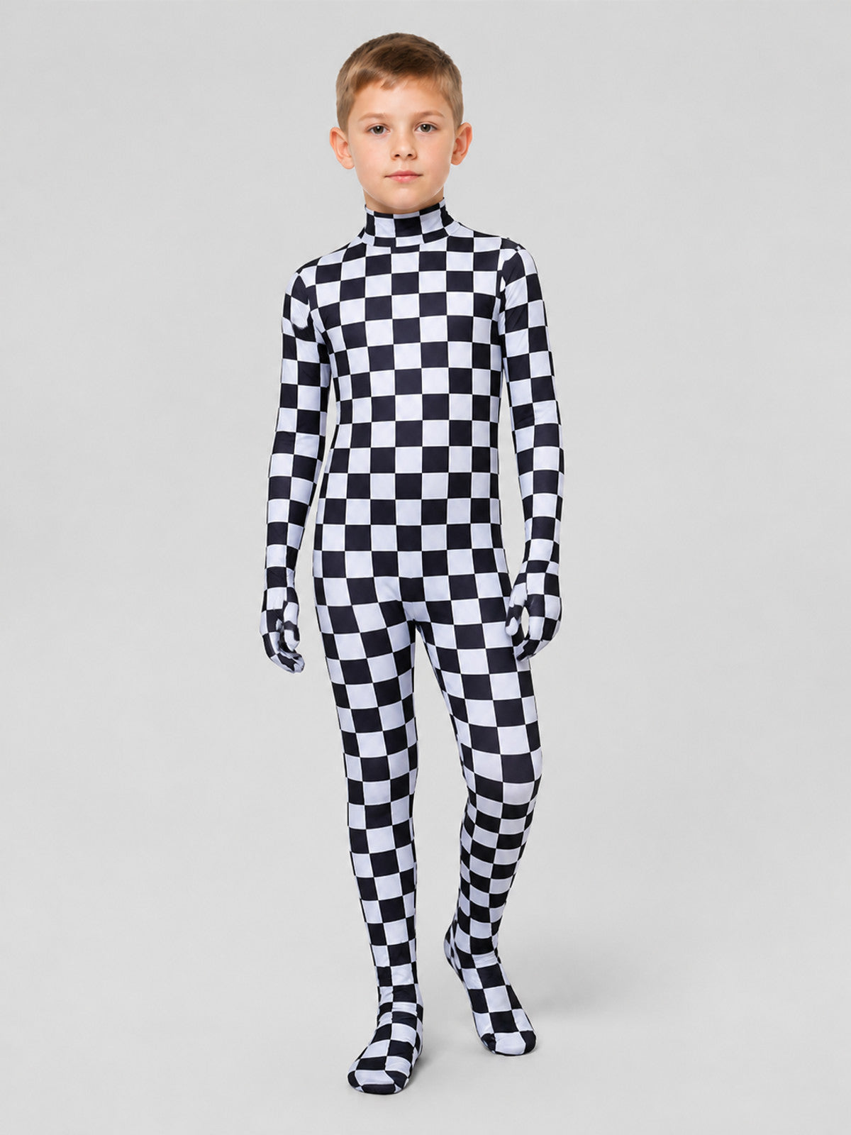 Hooded Jumpsuit with Covered Feet, Checkered Pattern product detail
