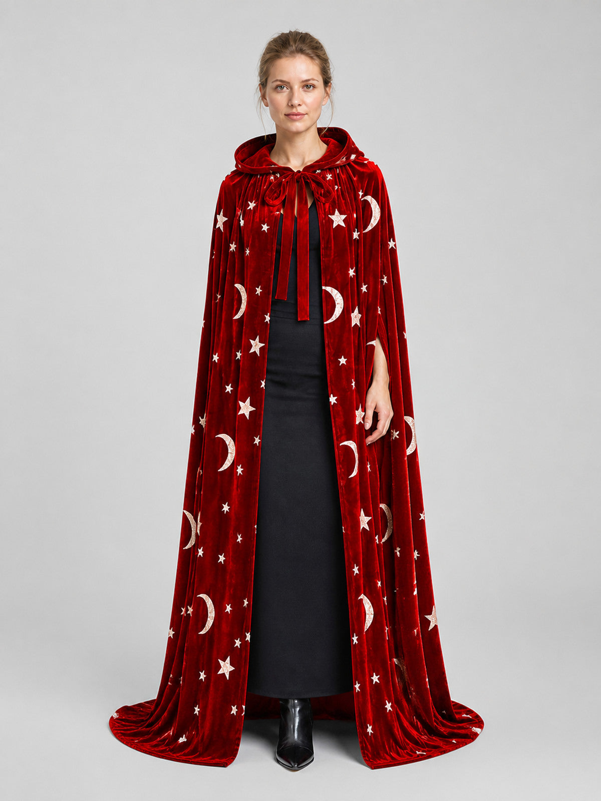 Adult Hooded Cloak with Stars and Moons, Burgundy, Floor-Length Costume Capes detail