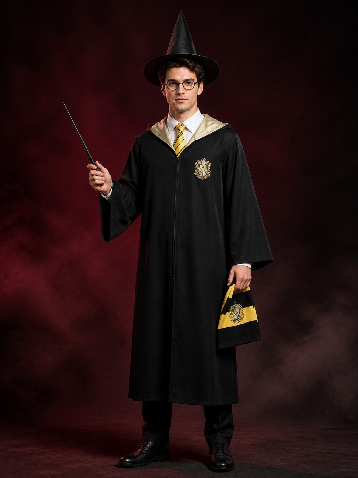Black and Yellow Wizard Costume Set with Hooded Robe, Hat, Tie, Glasses and Wand main product view