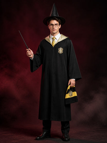 Black and Yellow Wizard Costume Set with Hooded Robe, Hat, Tie, Glasses and Wand main product view