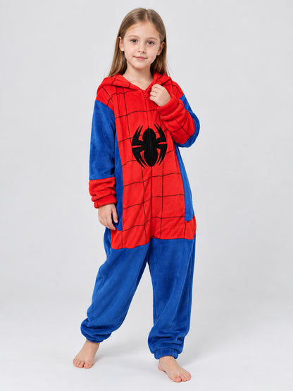 Red and Blue Fleece Pajama Jumpsuit with Spider Print