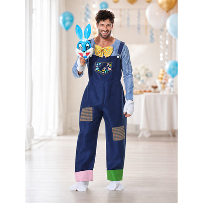The Easter party rabbit costume is designed as a one-piece outfit with a bib and lifestyle view