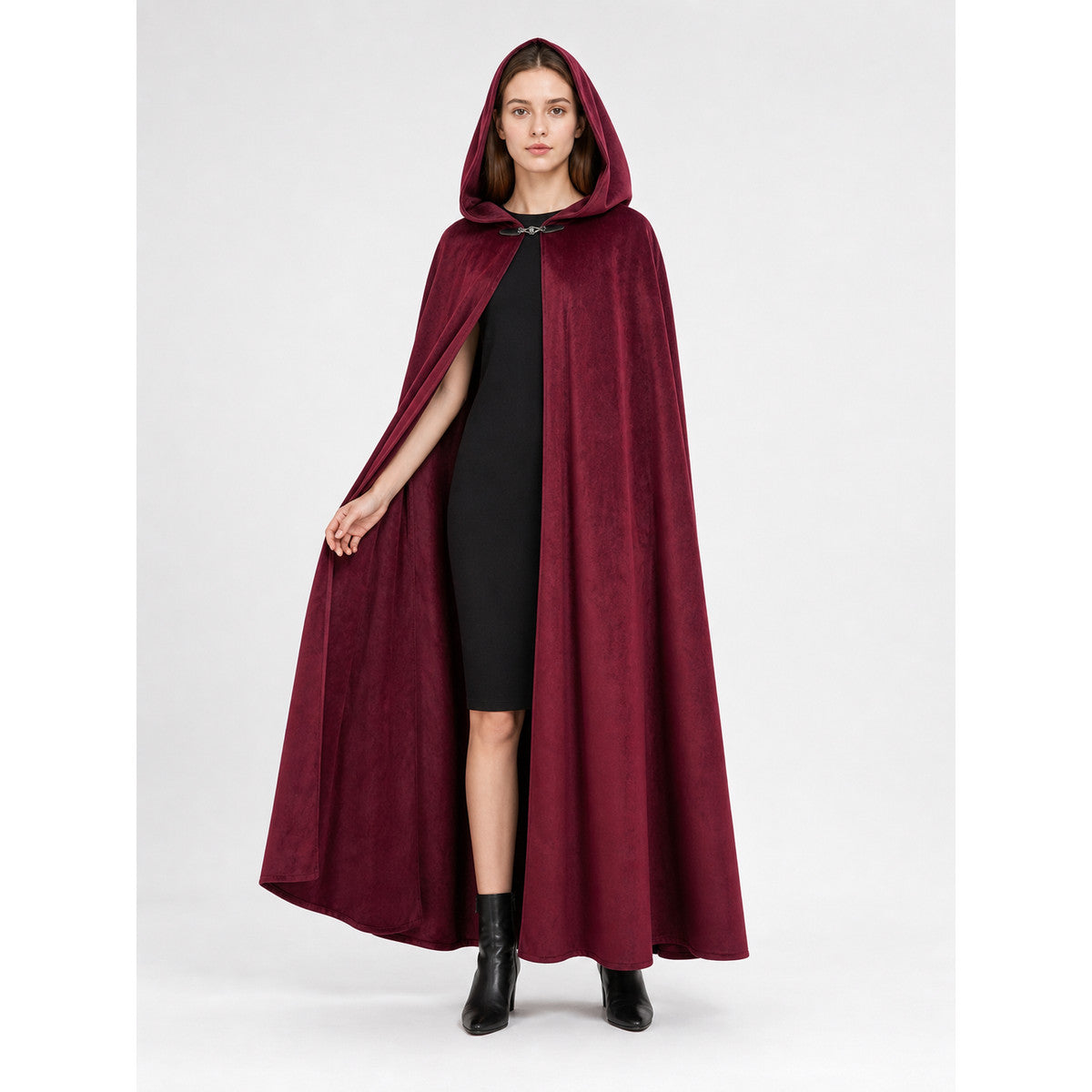 Long burgundy carnival cloak with hood lifestyle