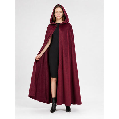 Long burgundy carnival cloak with hood lifestyle