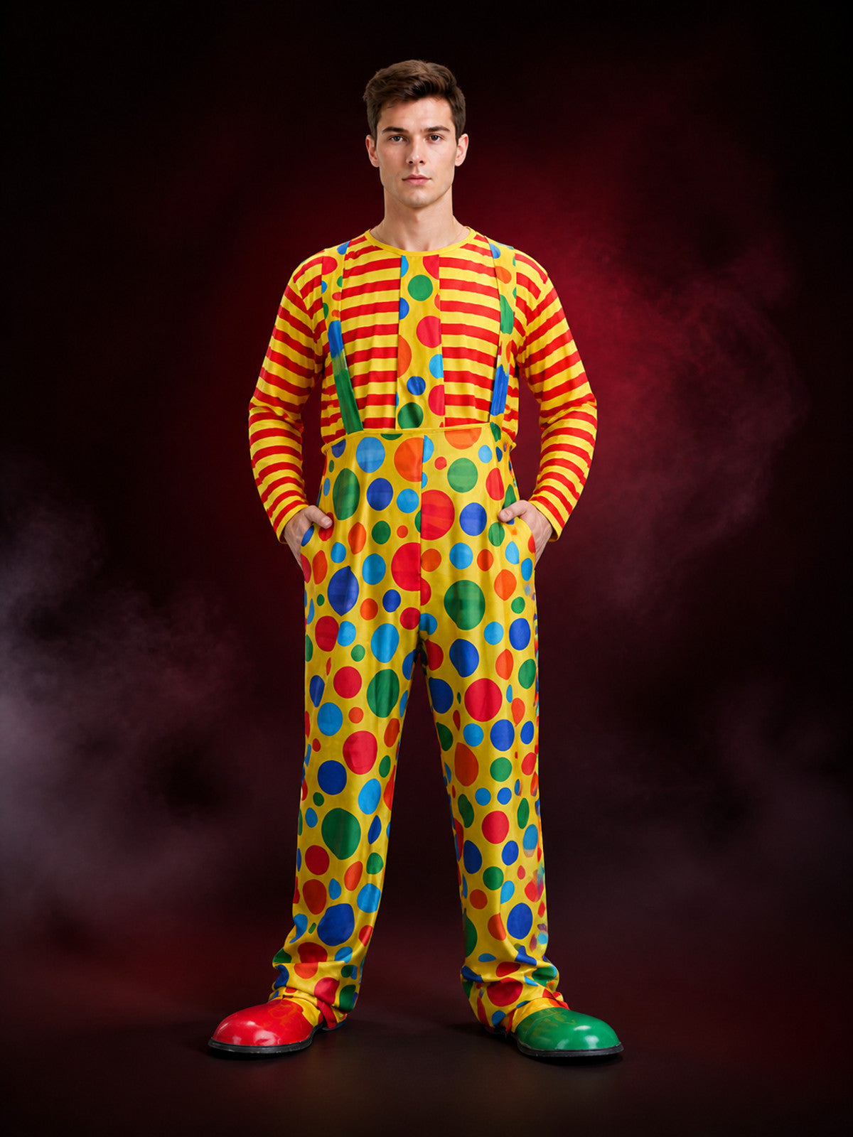 Adult Clown Costume Set for Halloween, Red Yellow Striped Top with Polka Dot main product view