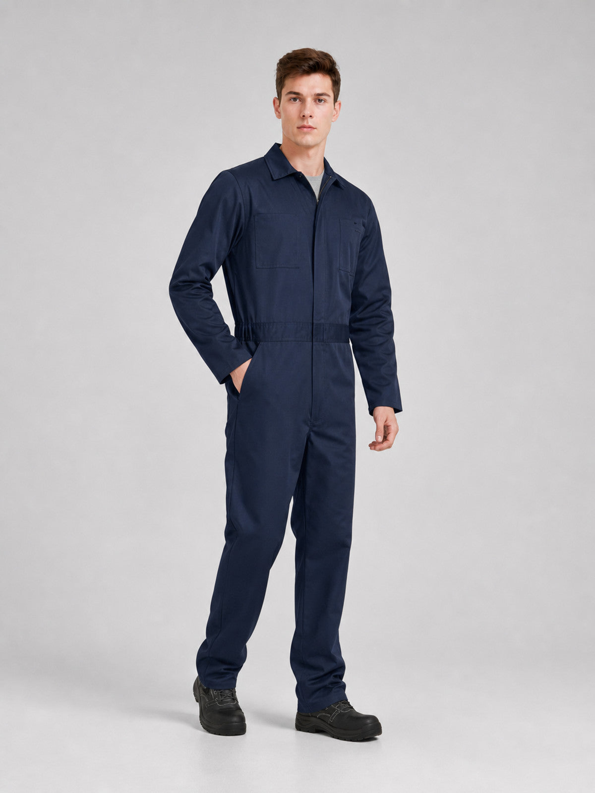 Blue Jumpsuit with Zipper and Notched Collar