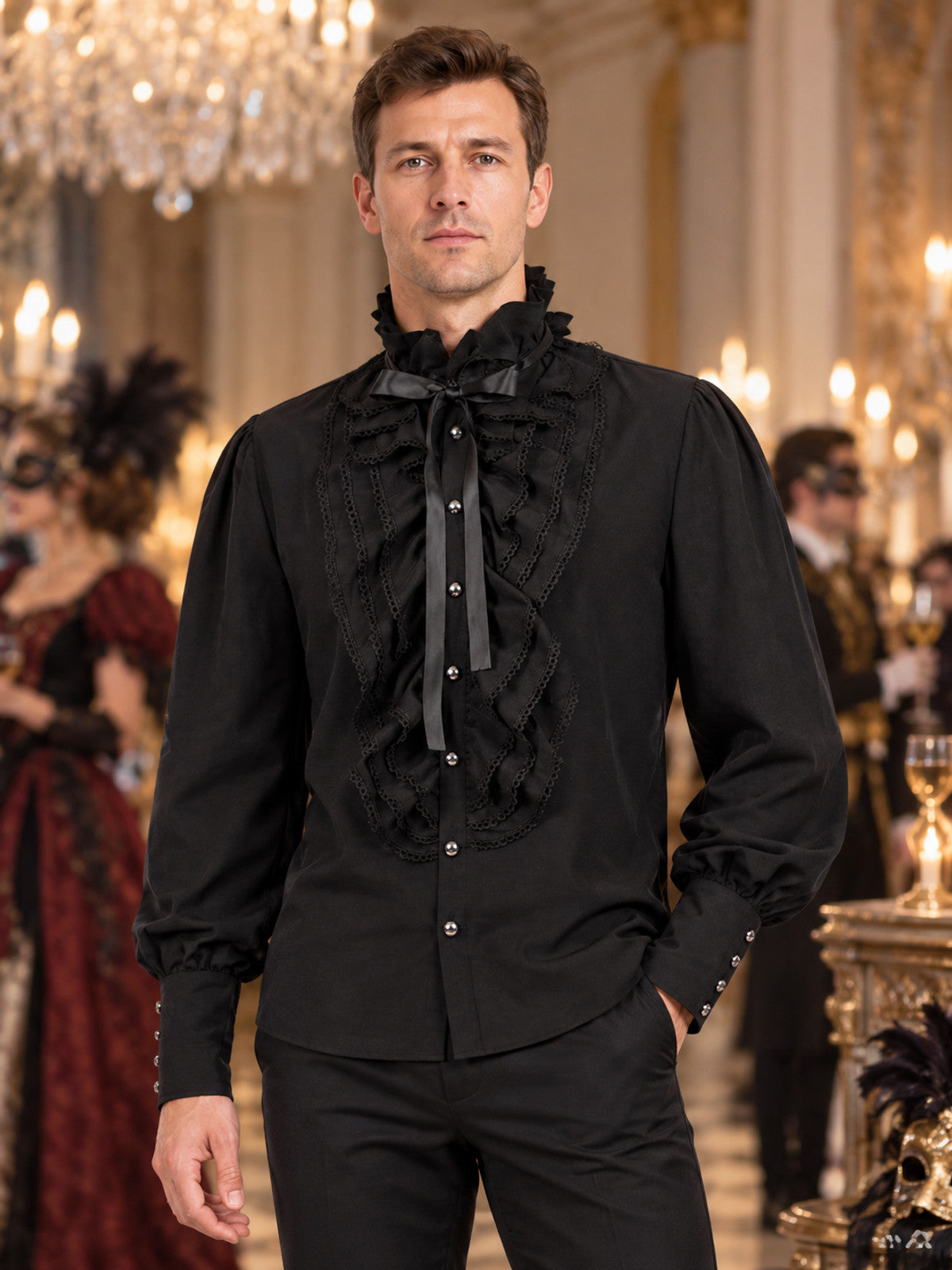 Black shirt with a high collar, ruffles, and lace