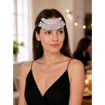 Carnival Headpiece, Silver Moon-Shaped with Dangling Charms lifestyle view