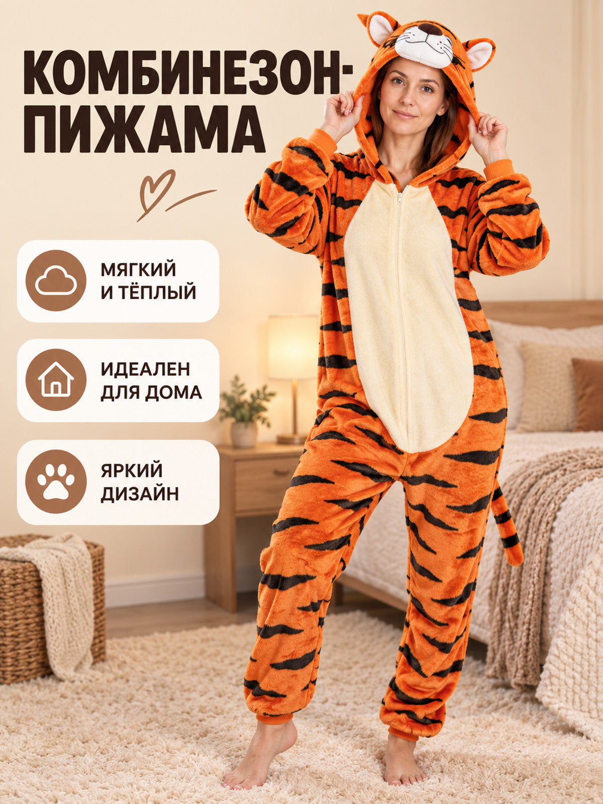 Flannel Pajama Jumpsuit with Hood and Ears, Orange