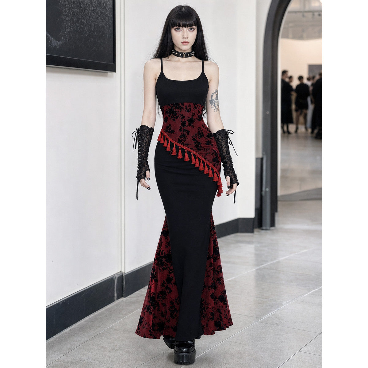 Long Black and Red Gothic Mermaid Dress lifestyle