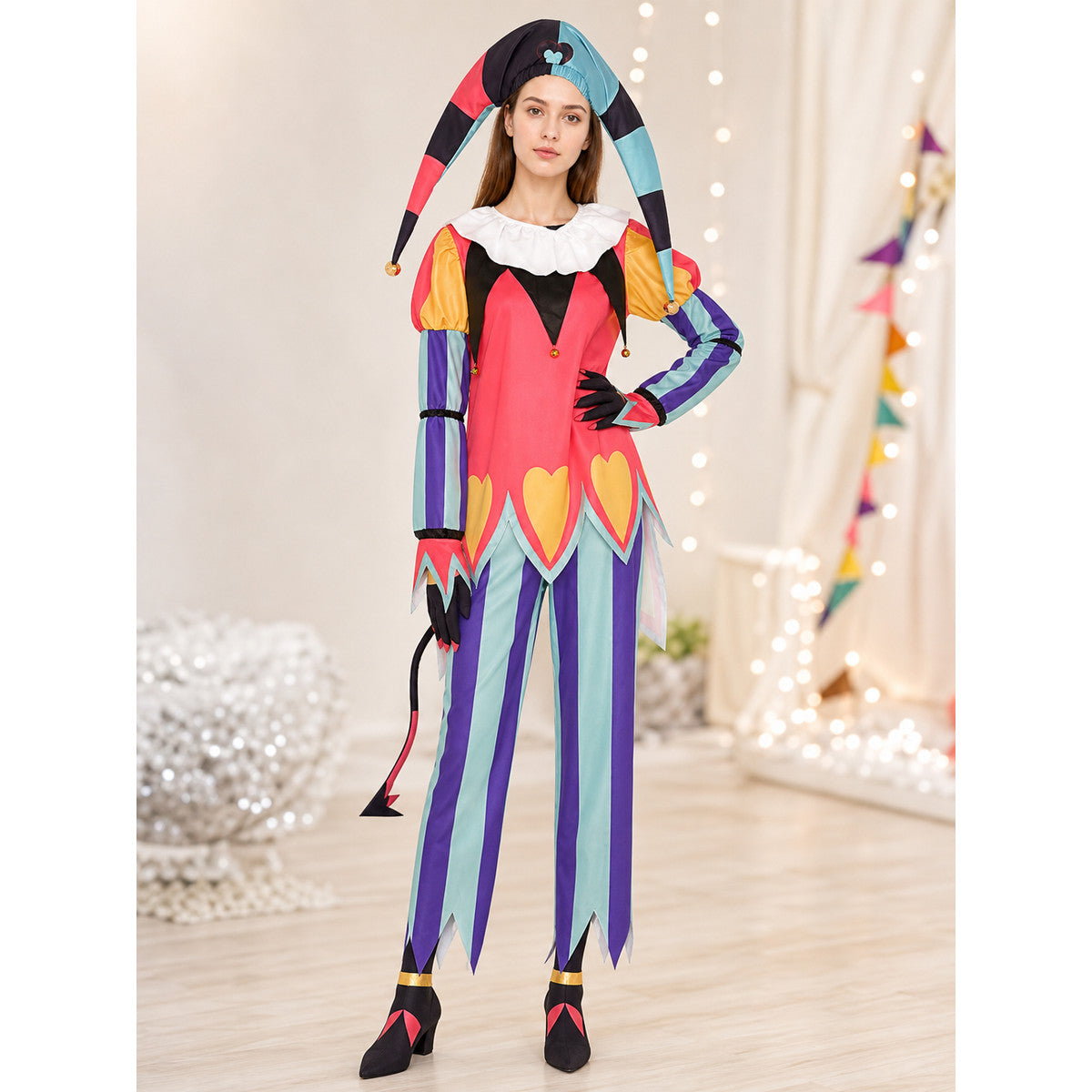 Clown Costume with Yellow Hearts and a Pointed Hat lifestyle view