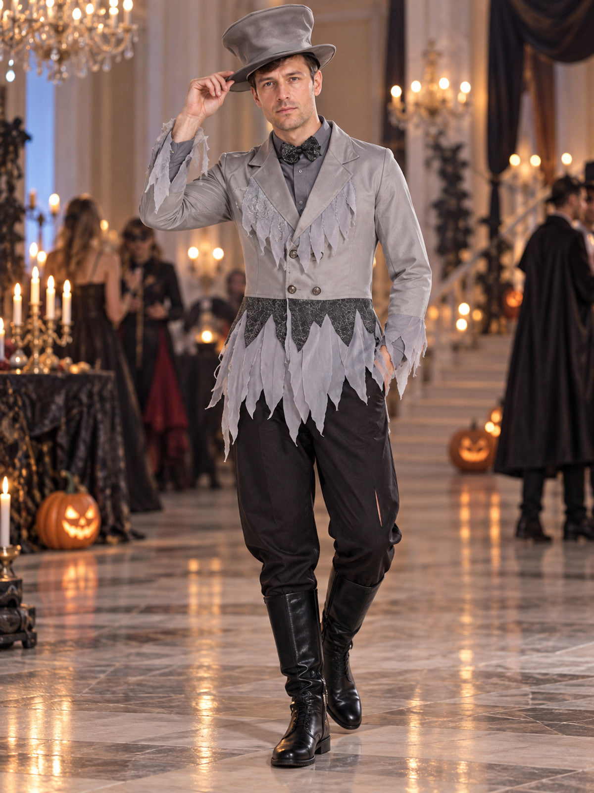 Vampire carnival costume with gray hat and bow tie