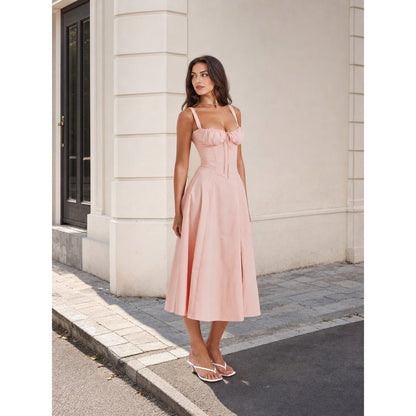 Pink Tie-Front Midi Dress with Spaghetti Straps and A-Line Silhouette