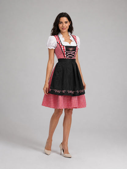 Plaid Dress with Apron-Style Panel and Puff Sleeves