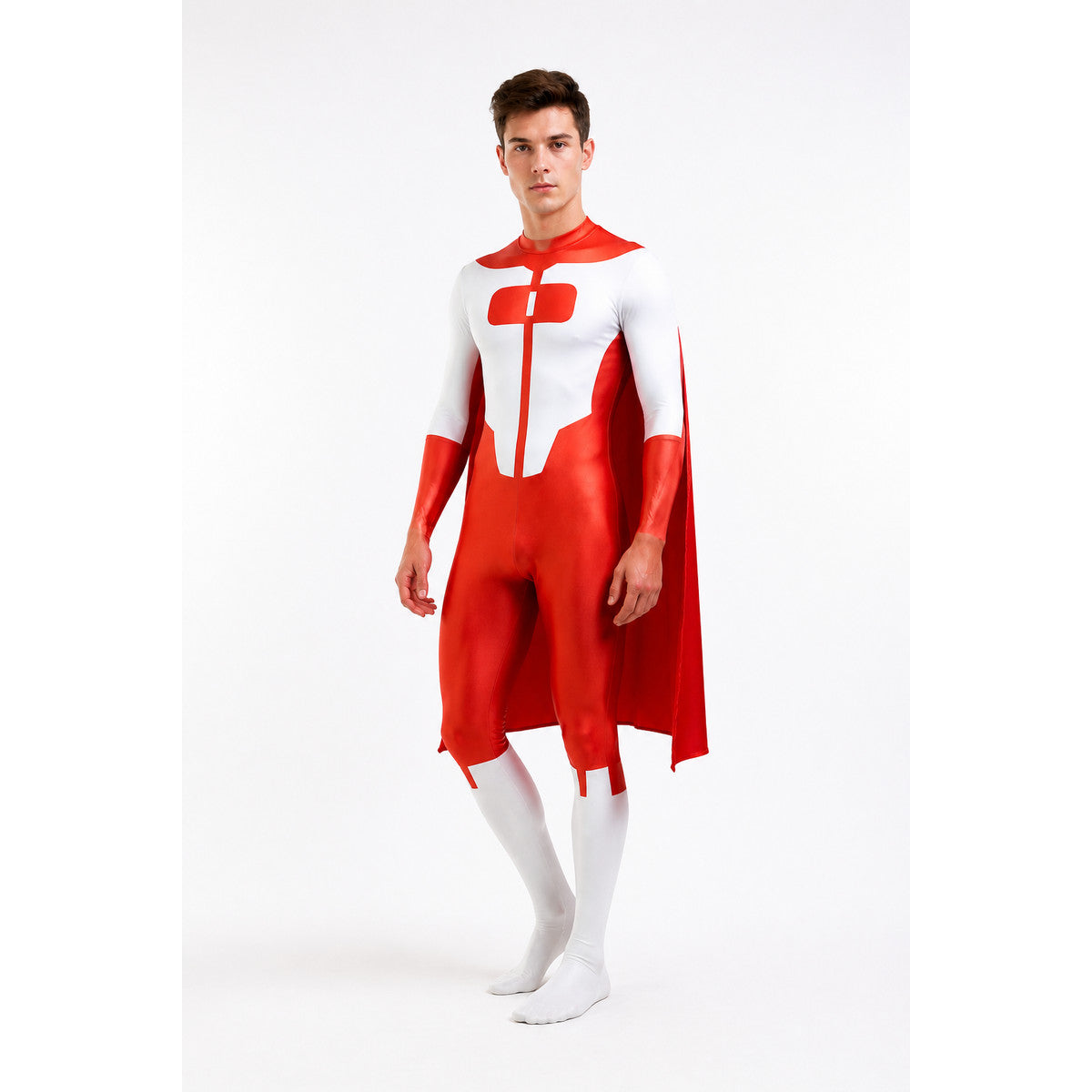 Red-and-White Jumpsuit with Cape and Long Sleeves