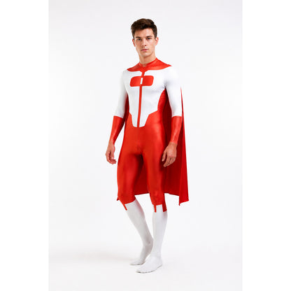 Red-and-White Jumpsuit with Cape and Long Sleeves