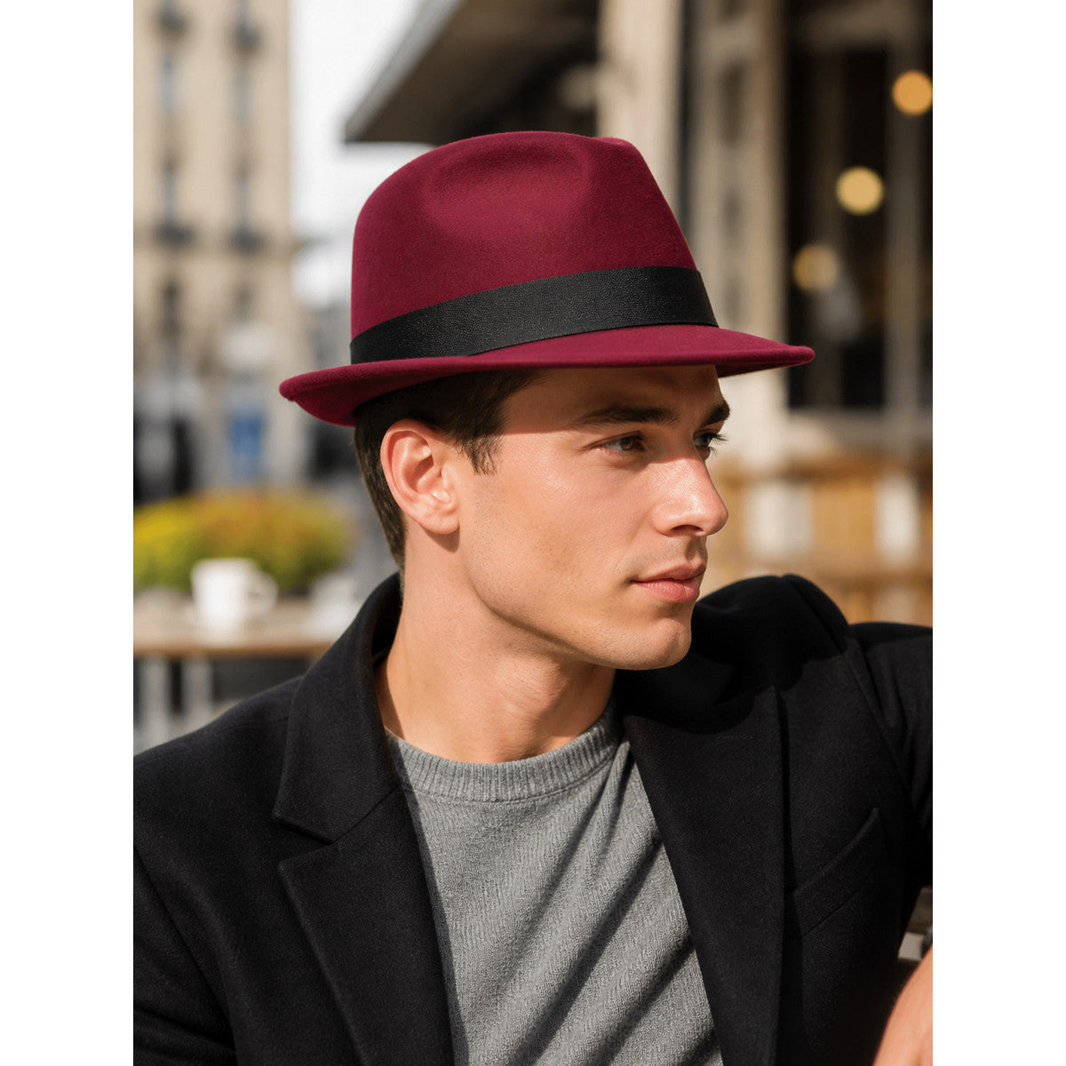 Carnival Burgundy Fedora Hat with Black Ribbon lifestyle