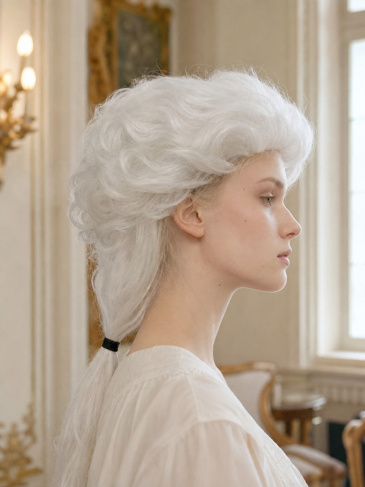 White wavy costume wig with a long braid shown in side profile against an indoor background