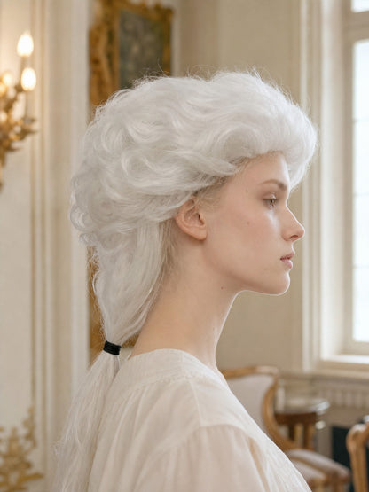 White wavy costume wig with a long braid shown in side profile against an indoor background