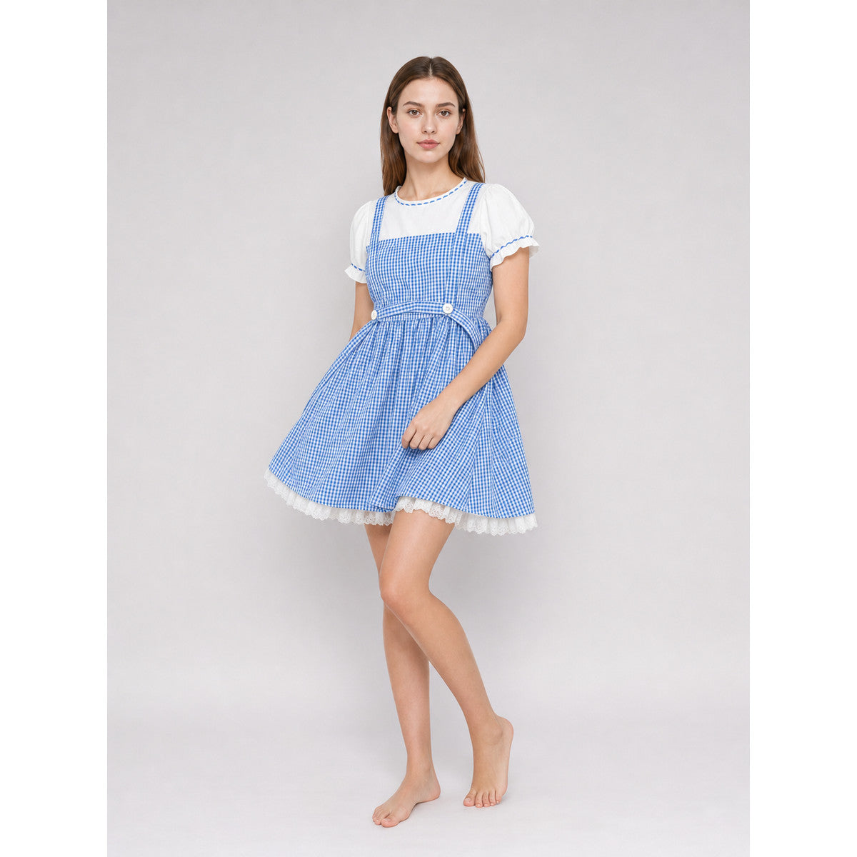 Blue and White Plaid Dress Set with Accessories on-model front view